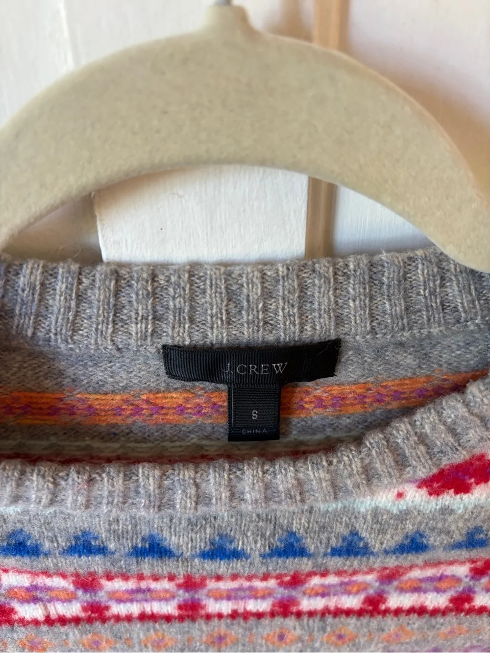 J. Crew Fair Isle Wool-Blend Crewneck Sweater in Gray and Red